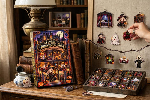 Gothic dollhouse box on a desk with a hand hanging acrylic room pieces on a linen board and a tray of pieces