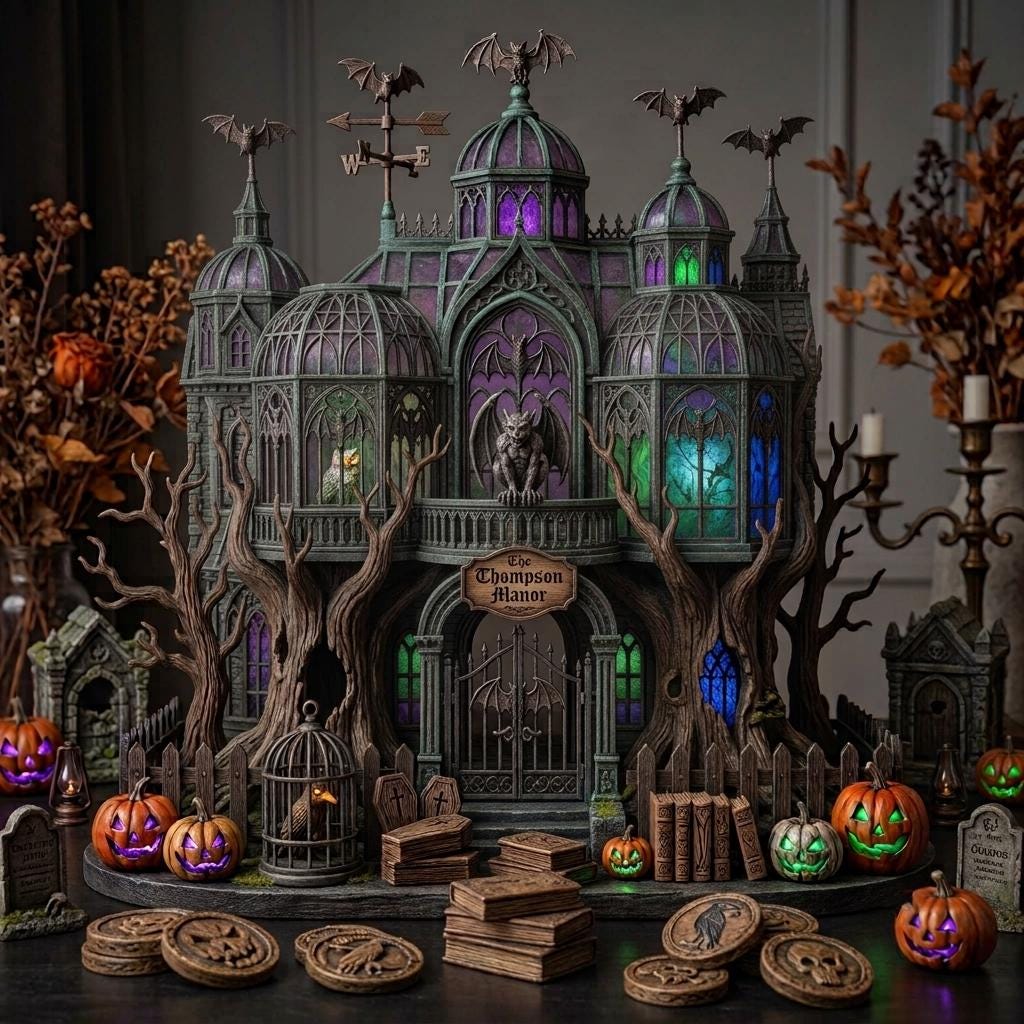 Gothic domed haunted manor with a birdcage, coffins and jack-o'-lanterns, styled with dried autumn branches and candles
