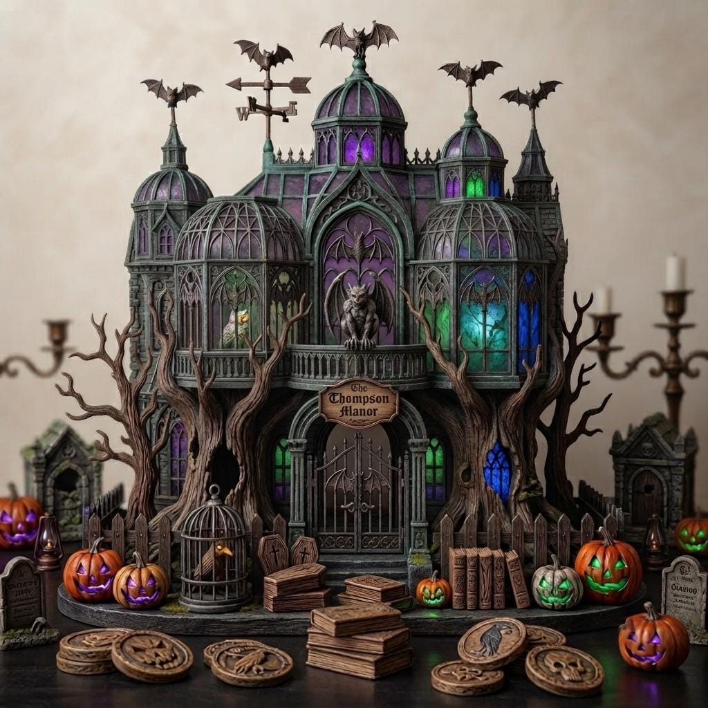 Gargoyle haunted manor decor with bat weathervane and Thompson Manor sign among gravestones, coins and pumpkin props