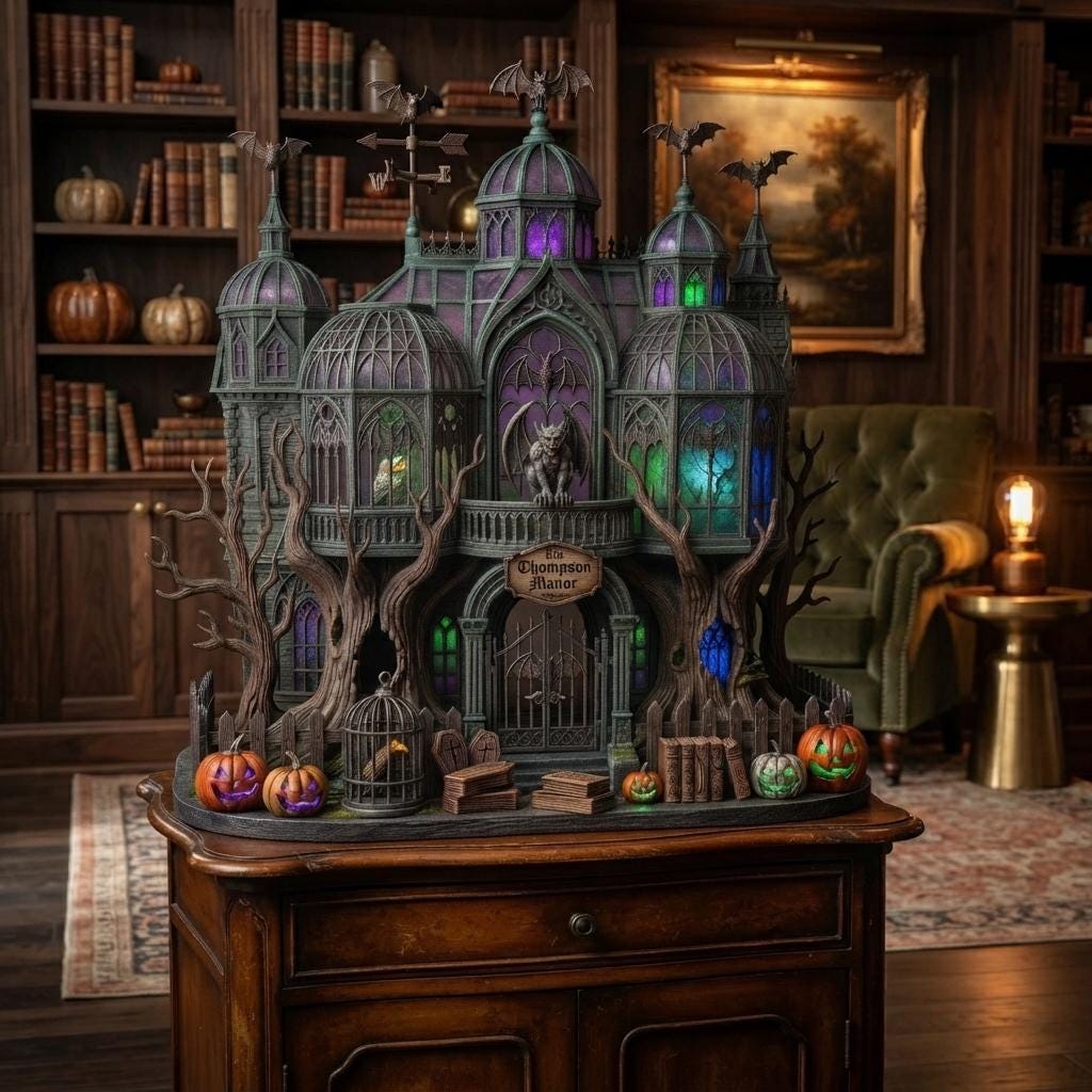 Personalized gothic manor with stained glass domes and a gargoyle, The Thompson Manor sign, on a cabinet in a library