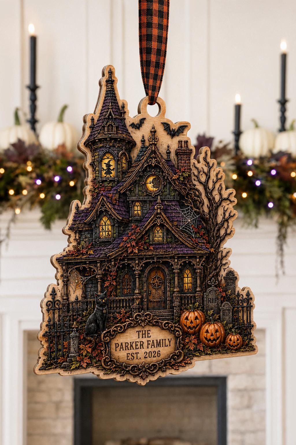 Gothic haunted mansion family name ornament with plaid ribbon over a Halloween mantel