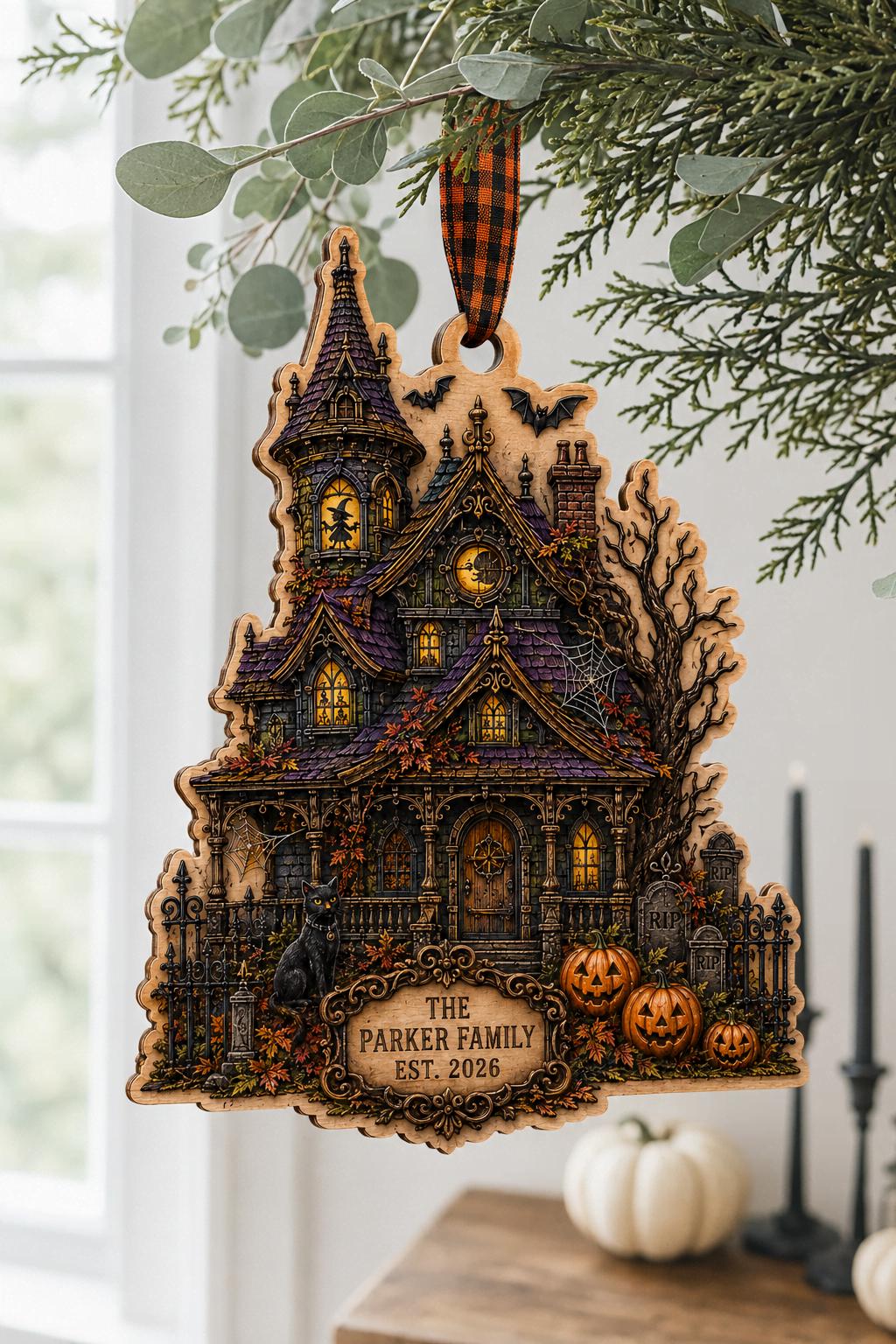 Haunted mansion Halloween keepsake wooden ornament hanging from evergreen by a window