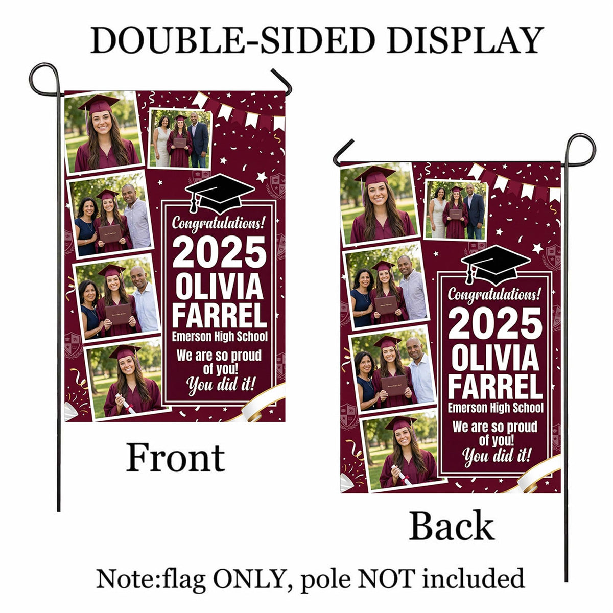 Maroon graduation photo collage garden flag with grad year, name and school shown front and back to display the double-sided print, flag only