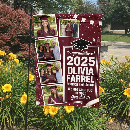 Maroon graduation photo collage garden flag with grad year, name and school in a garden bed with yellow lilies