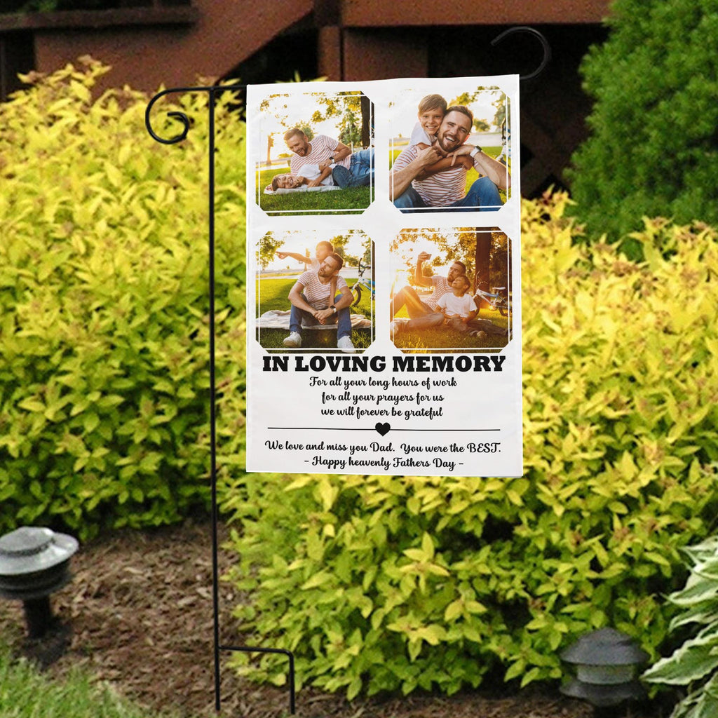 Example of a photo collage memorial flag for Dad with four photos, shown in a garden