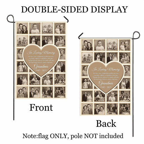 Grandma In Loving Memory heart photo collage garden flag shown front and back to display the double-sided print, flag only