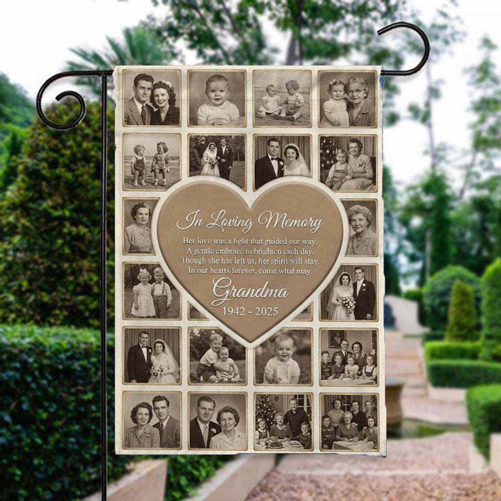 Grandma In Loving Memory heart photo collage garden flag beside a stone garden path
