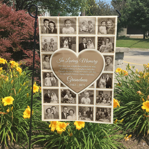 Grandma In Loving Memory heart photo collage garden flag in a garden bed with yellow lilies