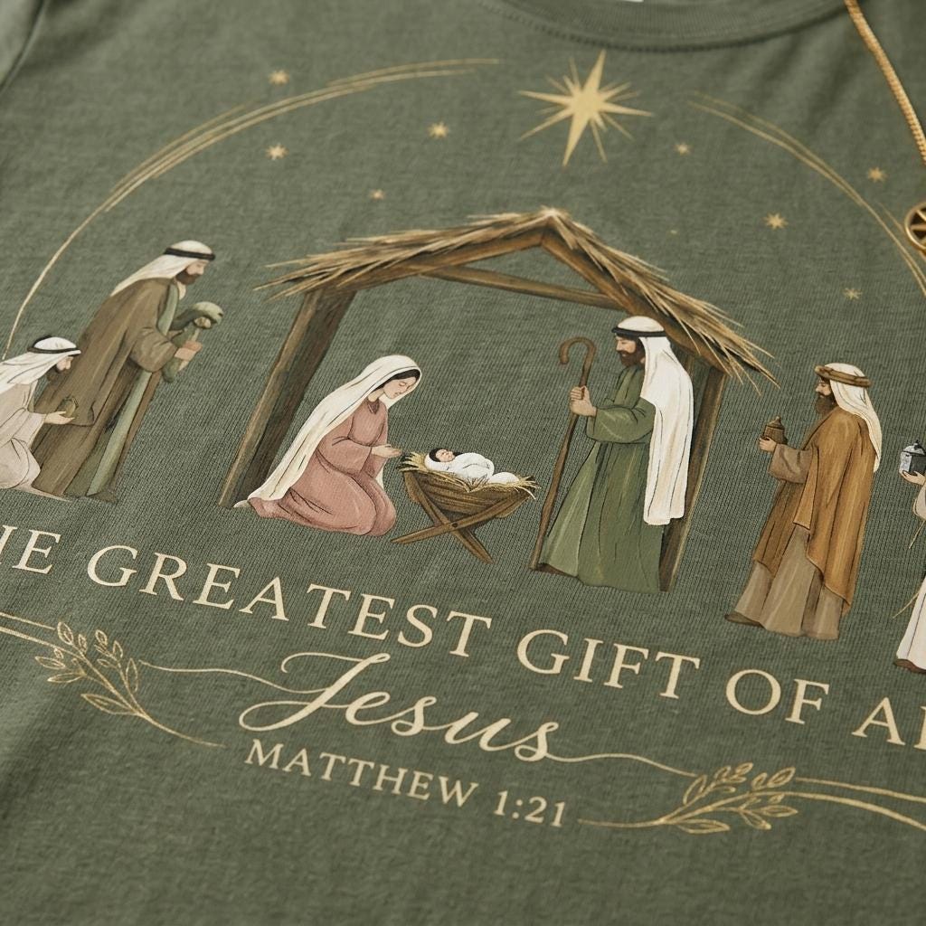Close-up of the nativity design and The Greatest Gift of All Jesus lettering on a moss shirt