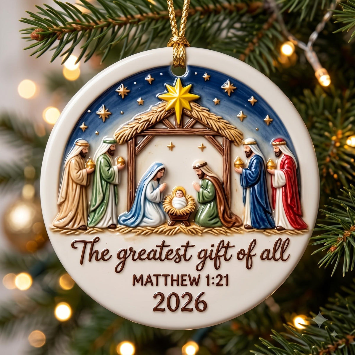 The greatest gift of all Matthew 1:21 2026 nativity 3D ceramic ornament on a Christmas tree