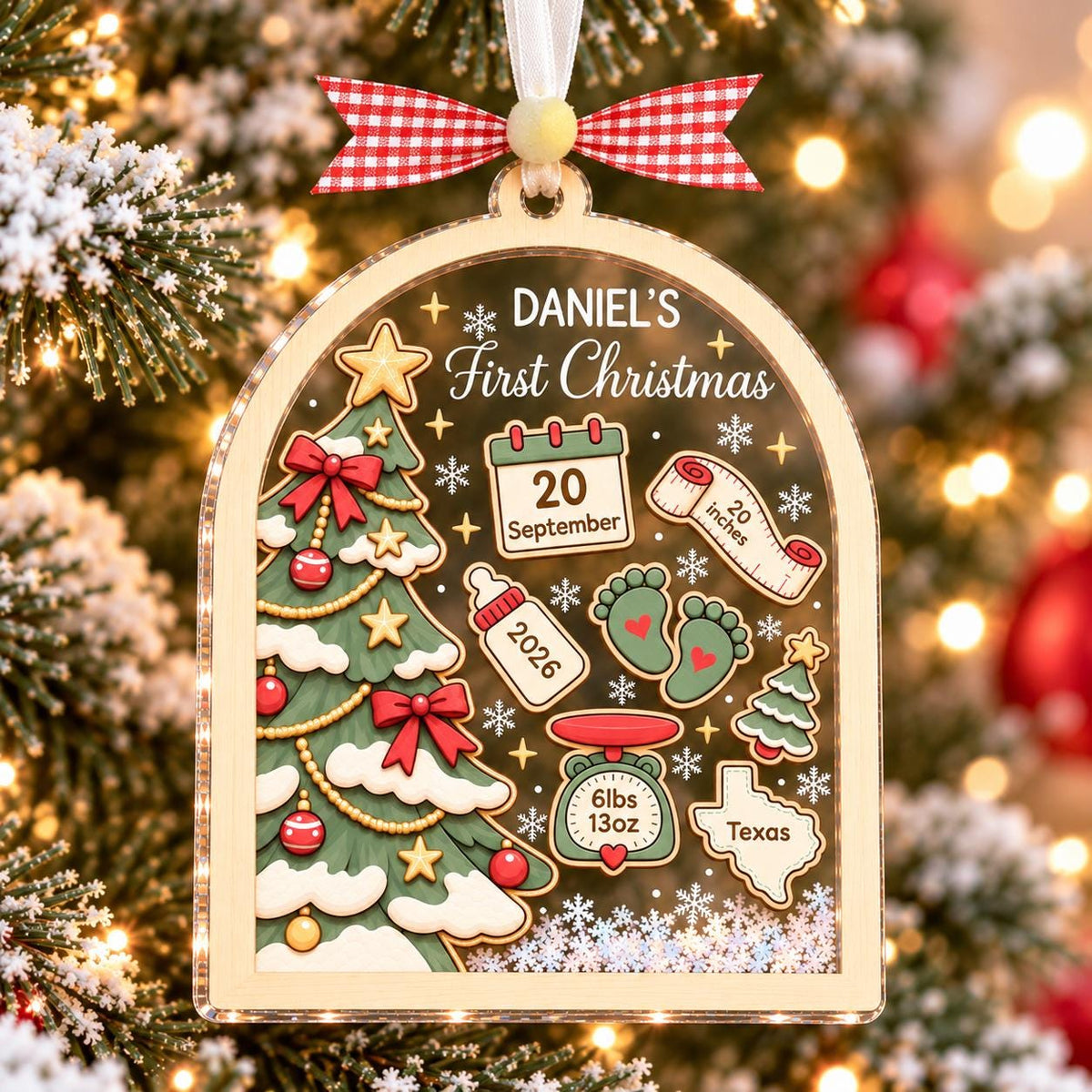 Green baby boy first Christmas ornament with birth stats