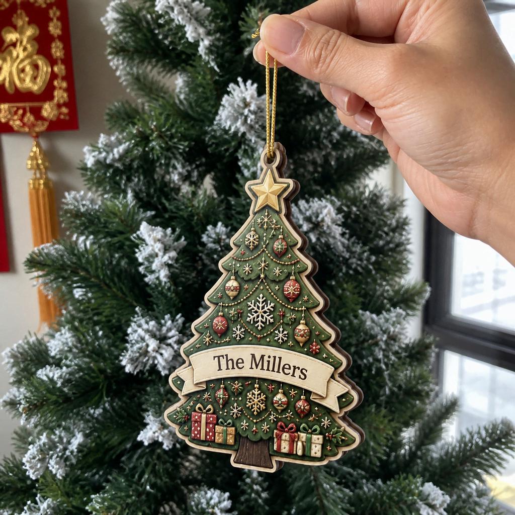 Hand holding a green Christmas tree wooden ornament personalized with a family name