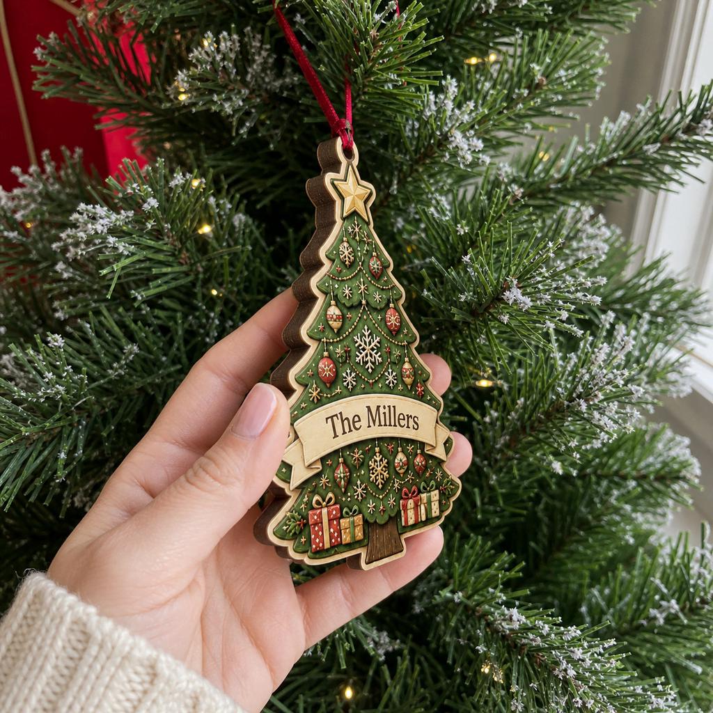 Side view of a green family name tree wooden ornament held near the tree