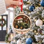 Personalized green farm tractor round wooden ornament hanging on a frosted Christmas tree