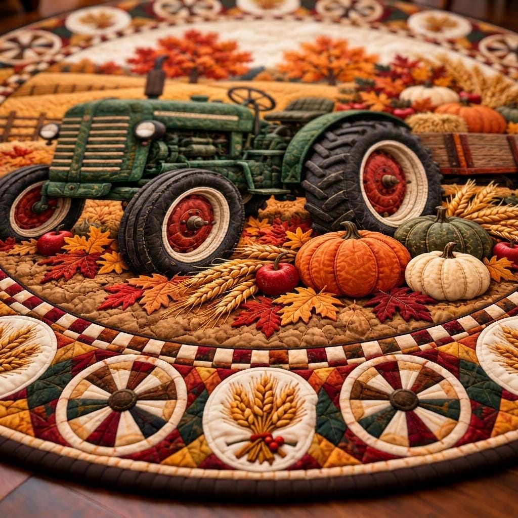 Close-up of the green tractor with red wheels, pumpkins, apples and wheat above a wagon wheel quilt border
