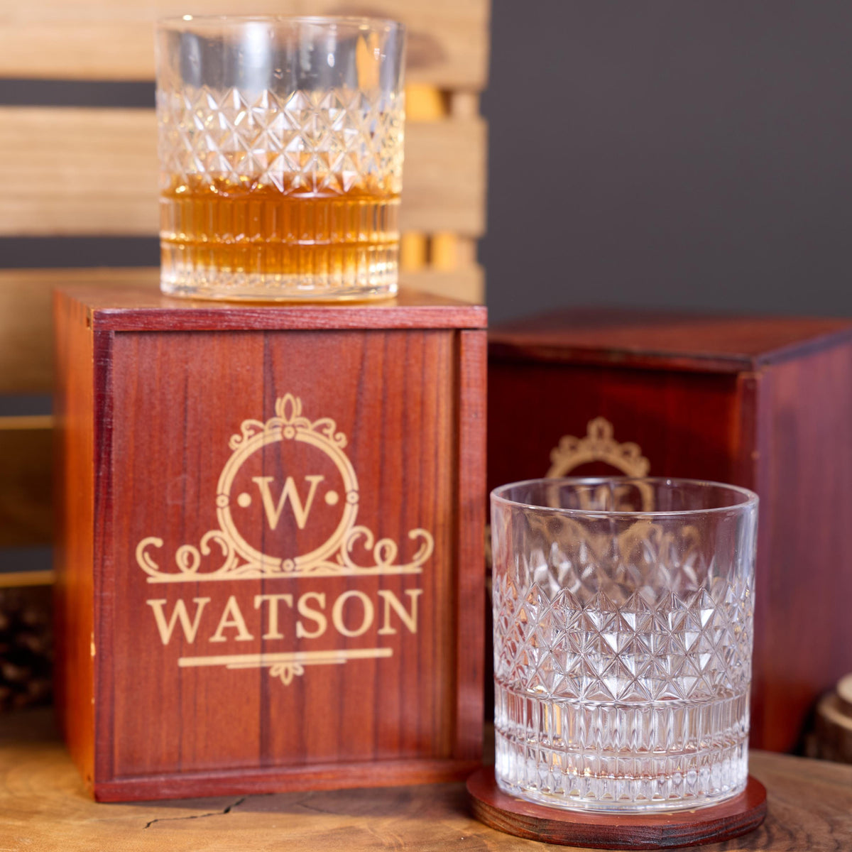 Groomsmen whiskey glasses with an engraved wooden gift box