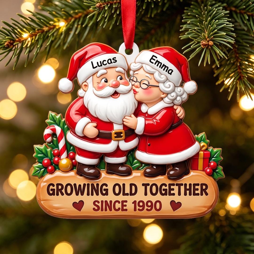 Growing old together Santa couple ornament with the names Lucas and Emma on a Christmas tree
