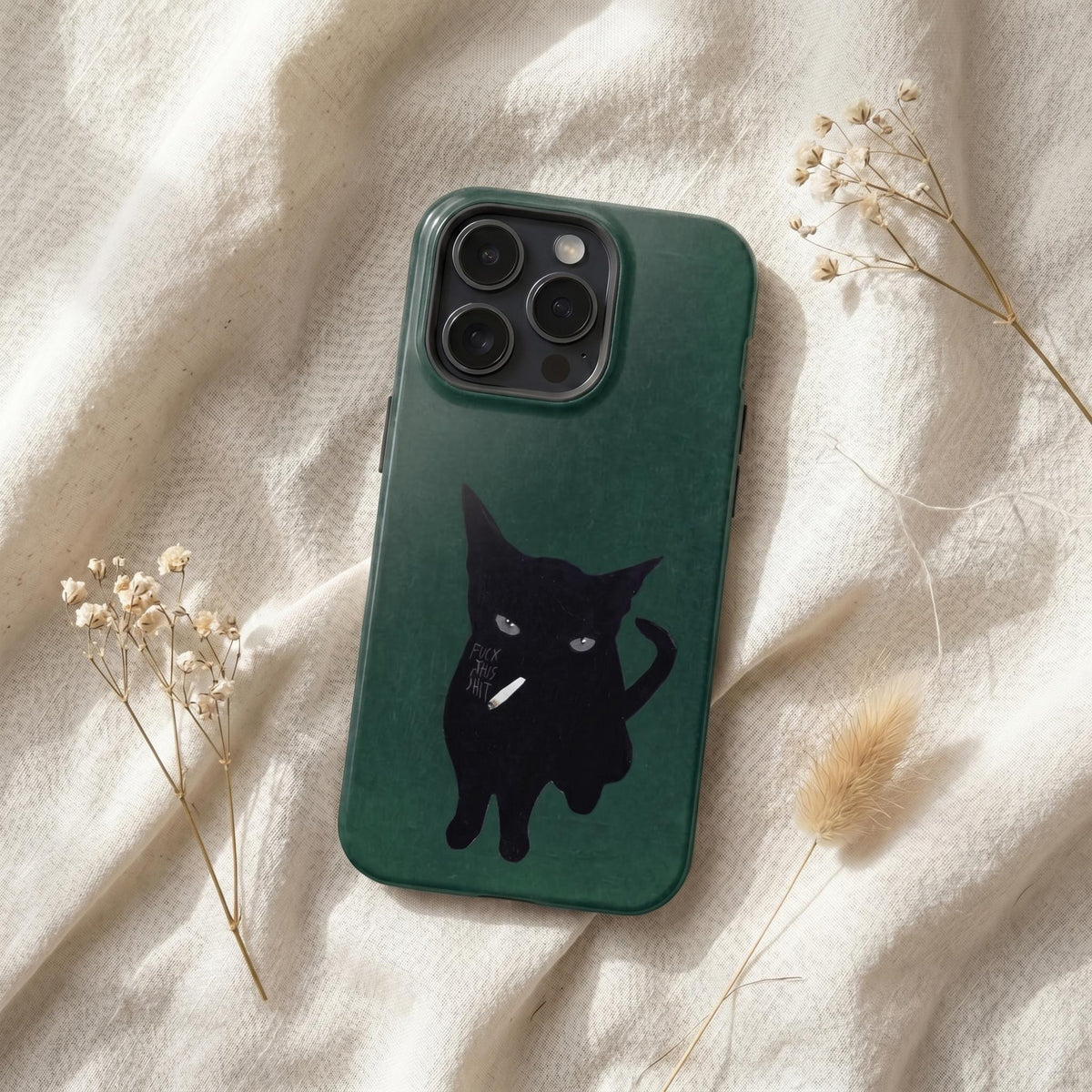 Style 2 grumpy black cat with a cigarette on a dark green phone case