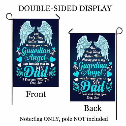 Guardian Angel Dad teal angel wings memorial garden flag shown front and back to display the double-sided print, flag only