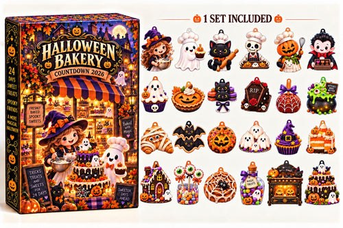 Halloween Bakery countdown box beside the full set of baker and spooky dessert acrylic pieces