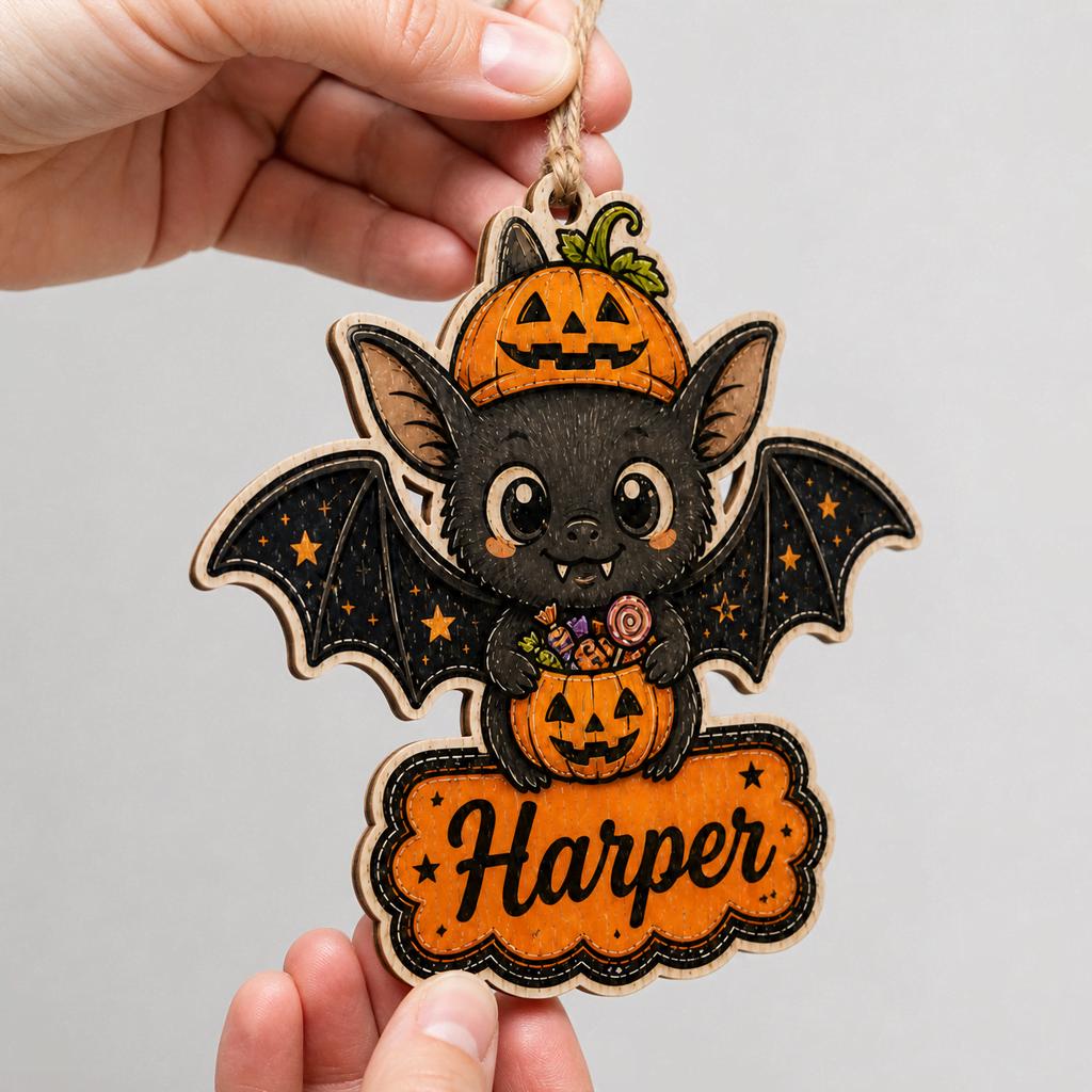 Hand holding personalized bat with jack-o-lantern Halloween wooden ornament by string