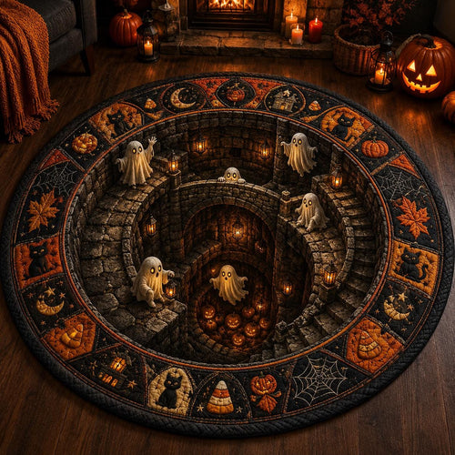 Halloween ghost round rug with a 3D stone well illusion on a dark wood floor near a fireplace and pumpkins