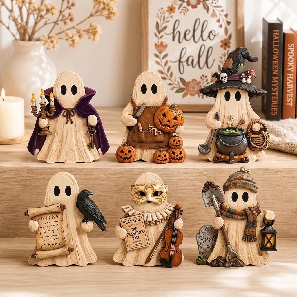 Six wooden Halloween ghost shelf sitters: vampire, pumpkin carver, witch, raven messenger, masquerade and grave keeper