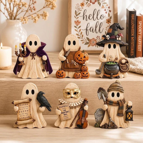 Six wooden Halloween ghost shelf sitters: vampire, pumpkin carver, witch, raven messenger, masquerade and grave keeper