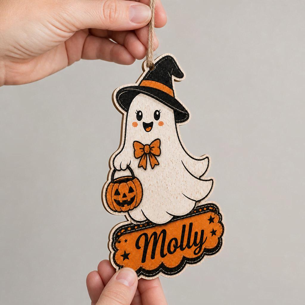 Hand holding personalized ghost witch Halloween wooden ornament by its string