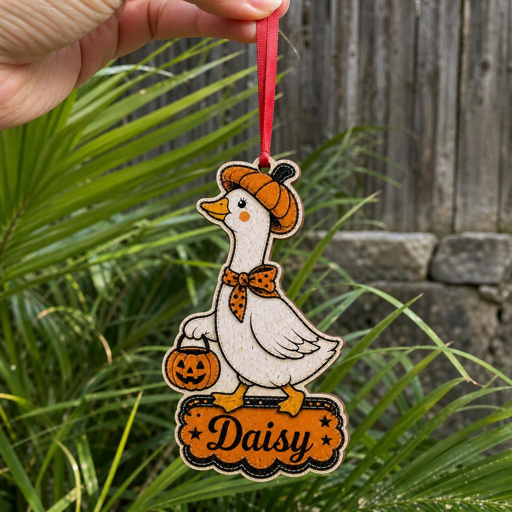 Halloween goose ornament with orange bow and name hanging by green garden plants