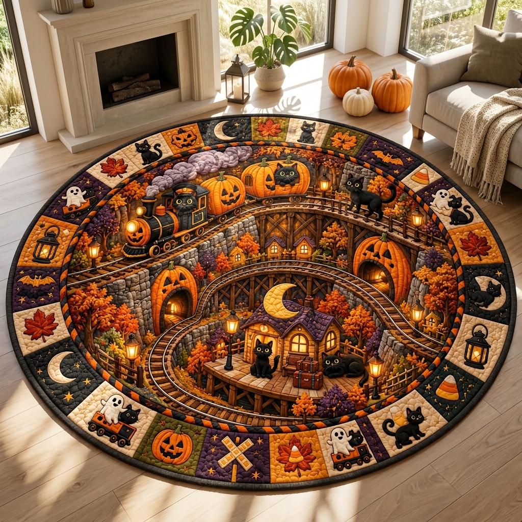Halloween black cat train rug in a bright room with a white fireplace, a beige sofa and pumpkins in sunlight