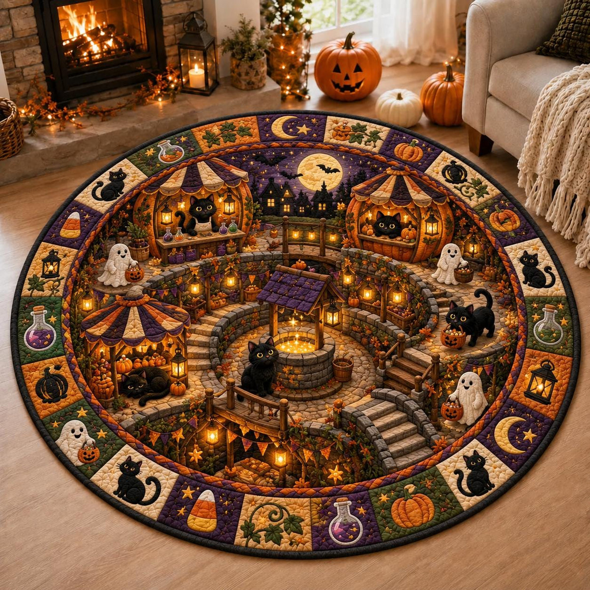 Halloween village round quilted rug with black cats and ghosts in a living room with a fireplace and pumpkins