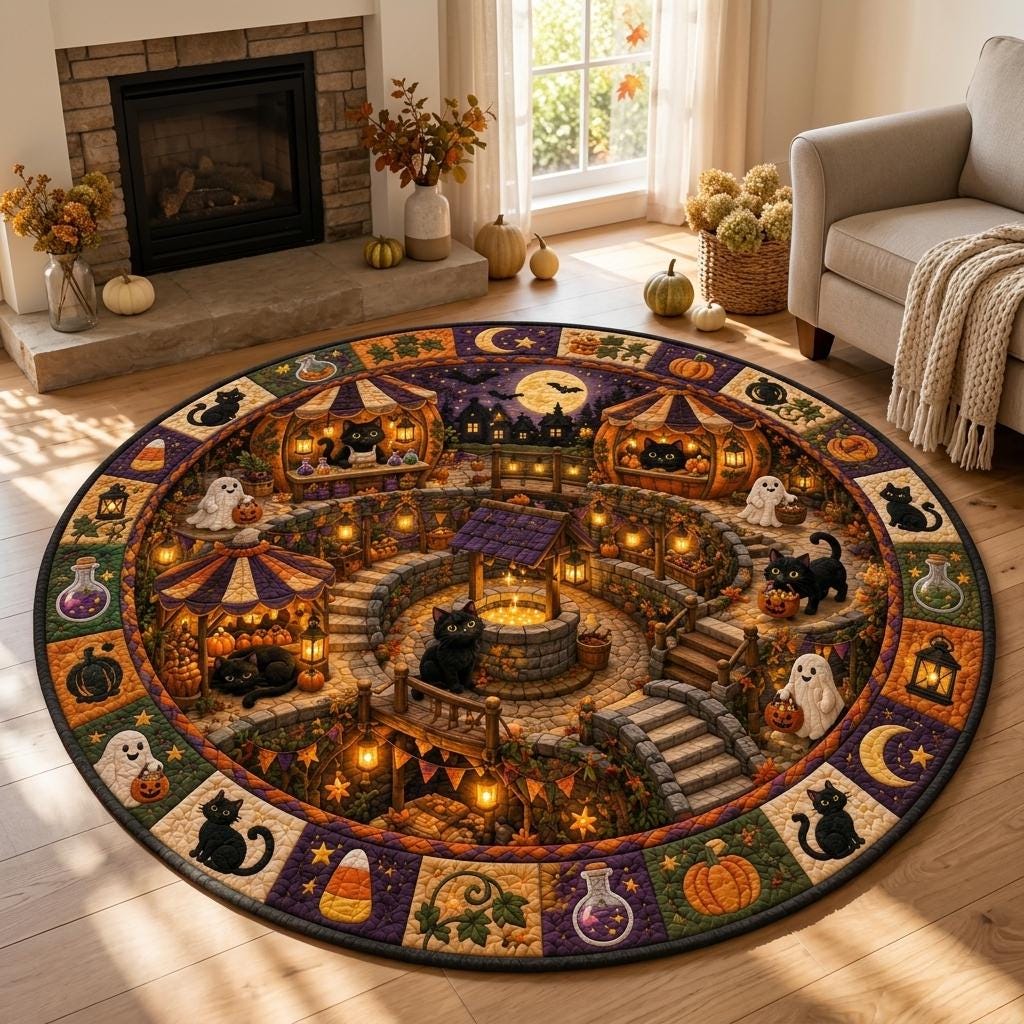 Black cat and ghost Halloween village rug in a sunny room with a stone fireplace, dried flowers and pumpkins