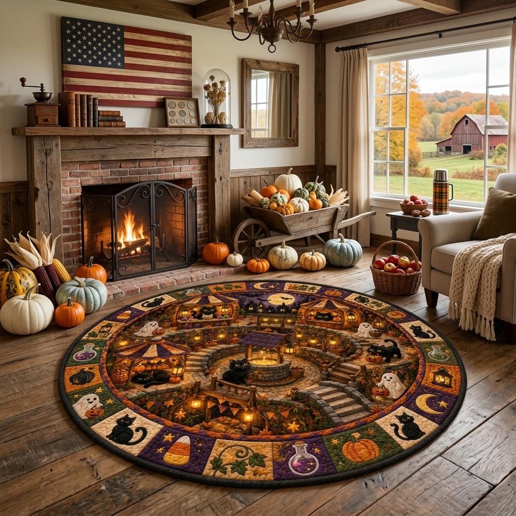 Halloween village round rug in a farmhouse living room with a flag above the fireplace and a barn outside