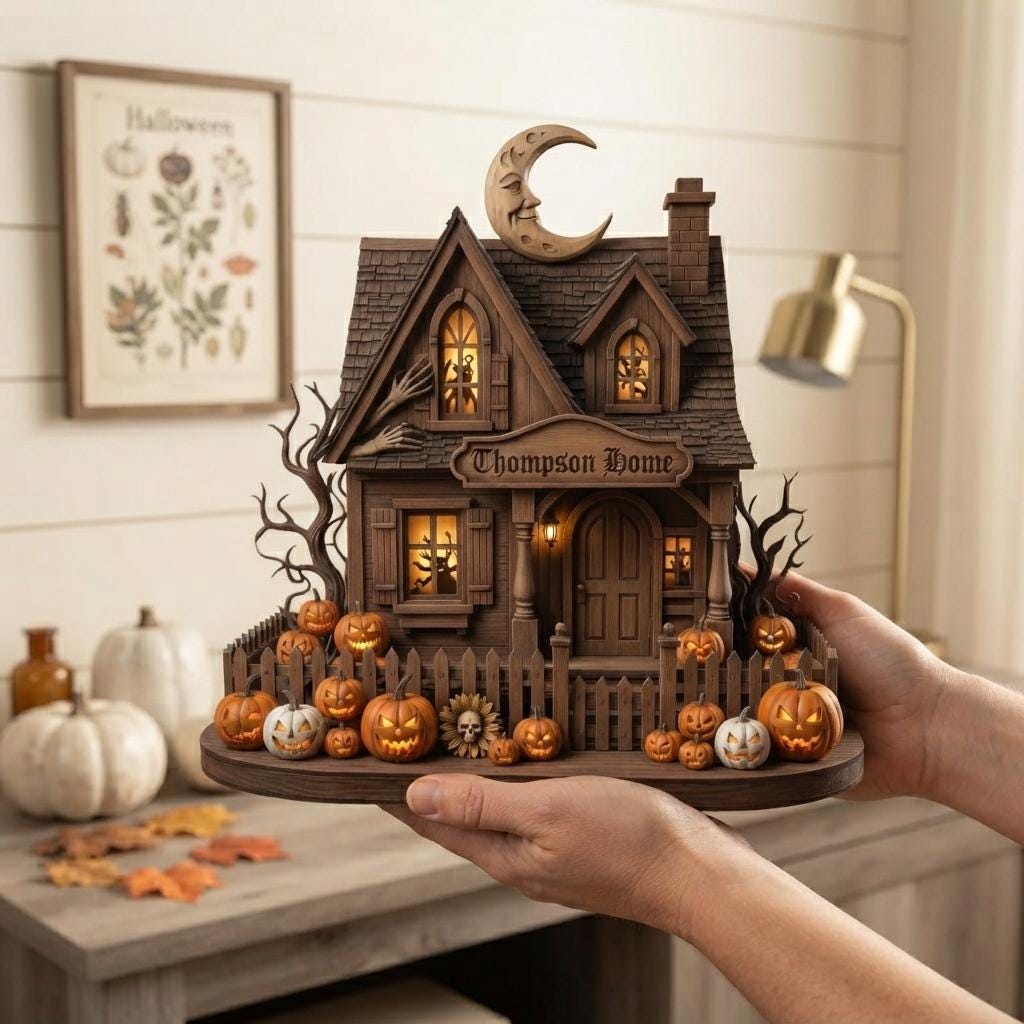 Hands holding a personalized rustic Halloween cottage with printed glowing windows, skeleton hands and pumpkins