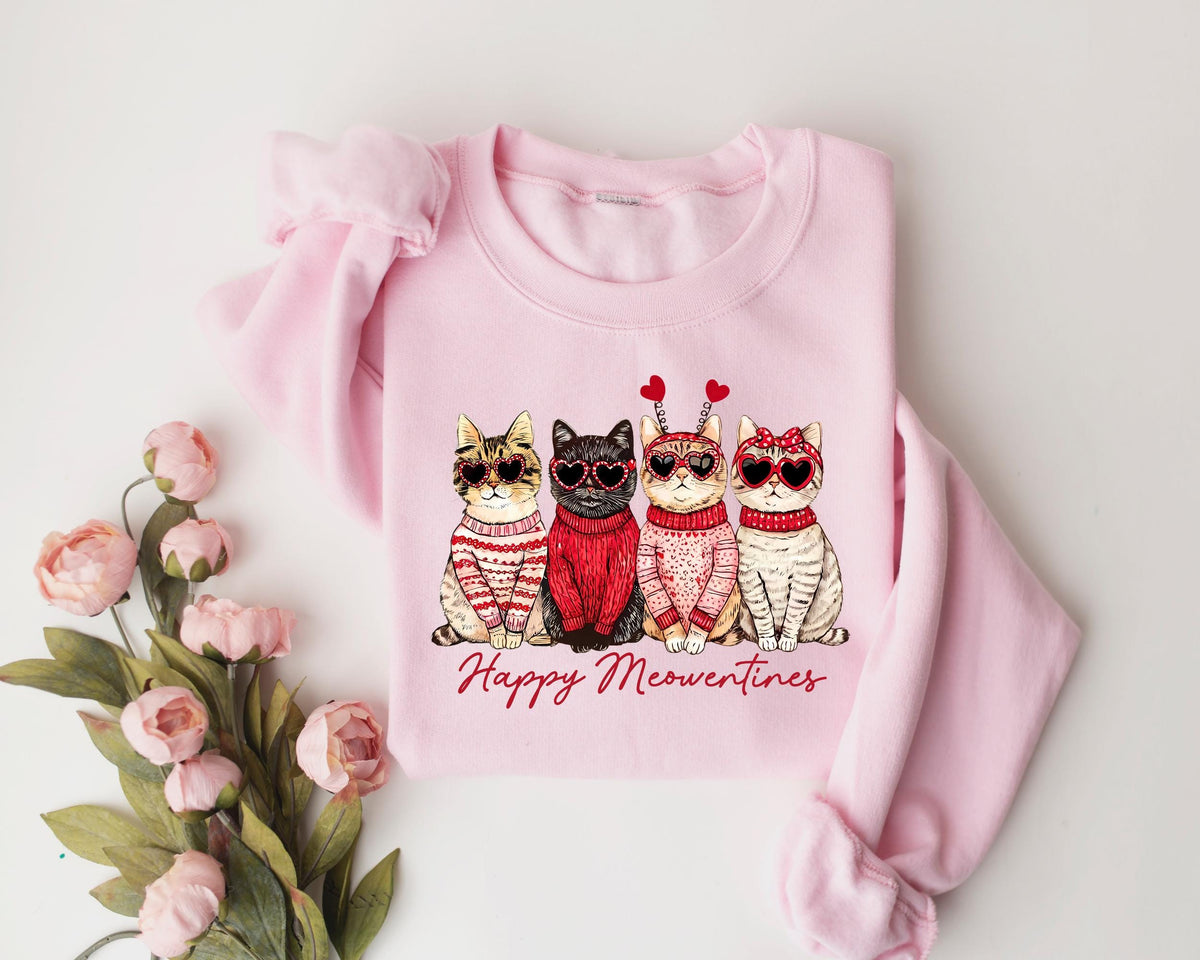 Light pink Happy Meowentines cat sweatshirt styled with roses