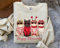 Sand Happy Meowentines sweatshirt with four cats in heart sunglasses and Valentine sweaters