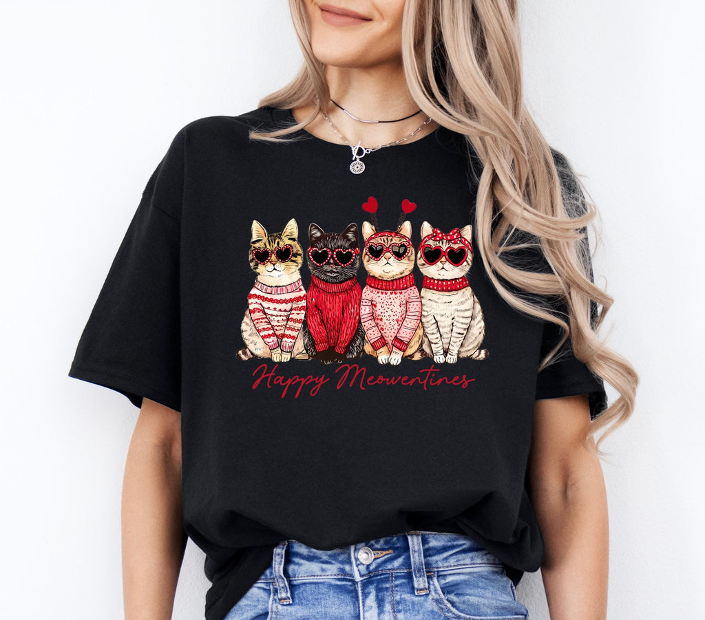 Woman wearing a black Happy Meowentines Valentine cat t-shirt