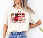 Woman wearing a cream Happy Meowentines Valentine cat tee