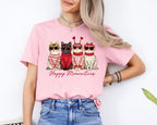 Woman wearing a pink Happy Meowentines cat t-shirt
