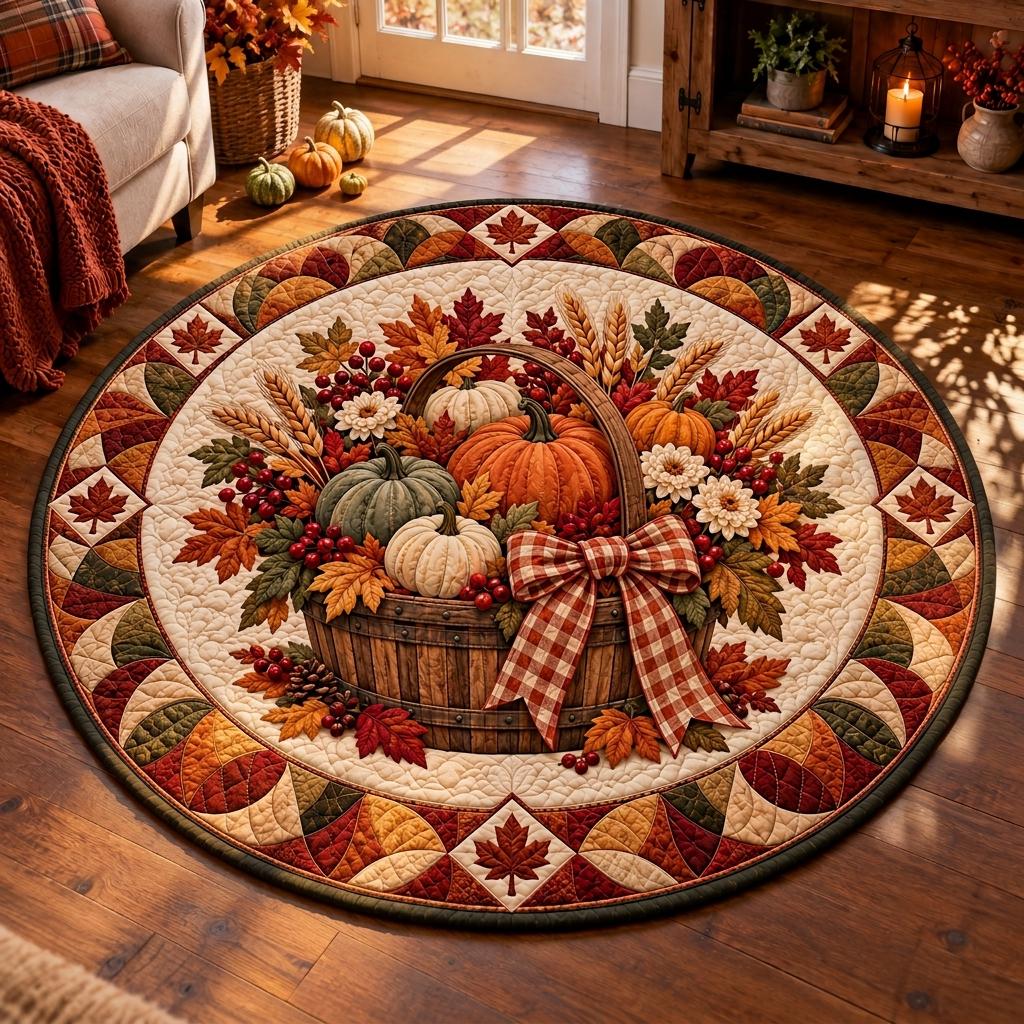 Round harvest basket rug in a sunlit living room with a rust throw, candle lantern and small pumpkins