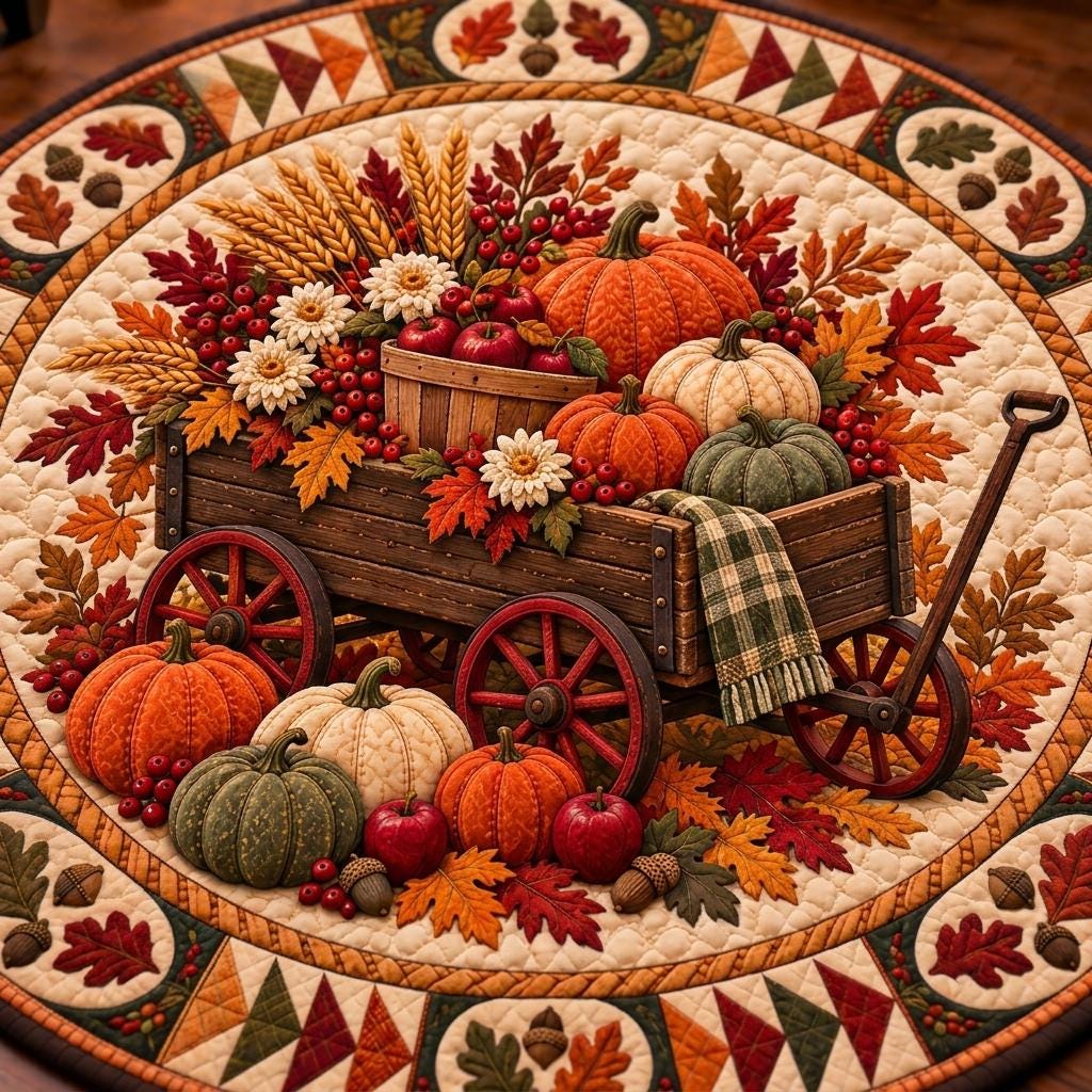 Close-up of the wooden wagon with red wheels, apple crate, pumpkins and green plaid throw on the rug
