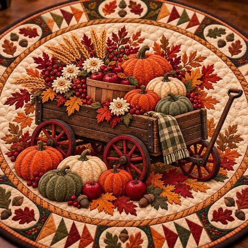 Close-up of the wooden wagon with red wheels, apple crate, pumpkins and green plaid throw on the rug