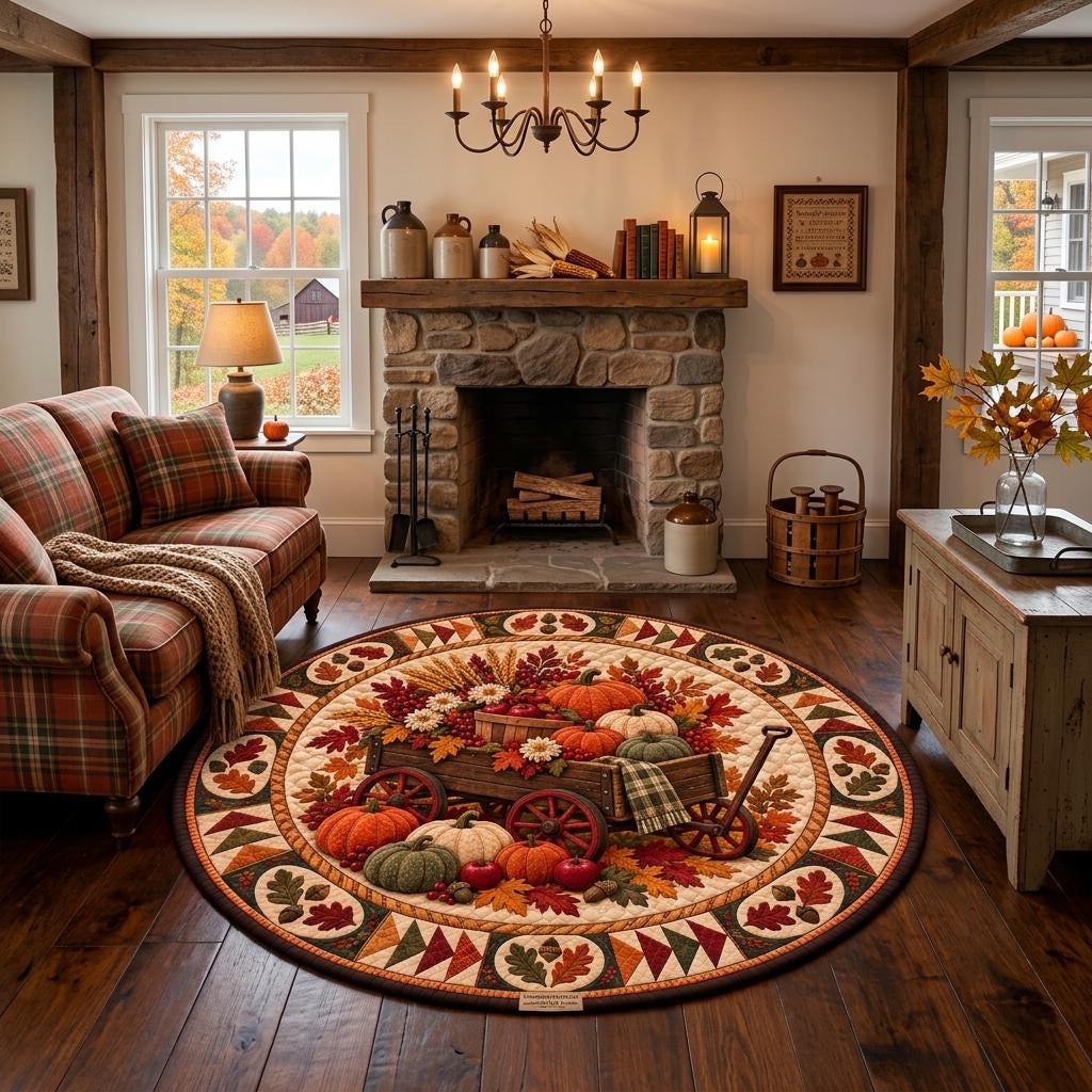 Fall wagon rug in a farmhouse living room with a plaid sofa, stone fireplace and chandelier