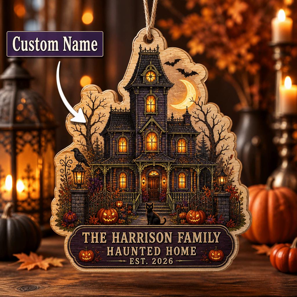 Haunted home wooden ornament with family name and est year among candles and pumpkins