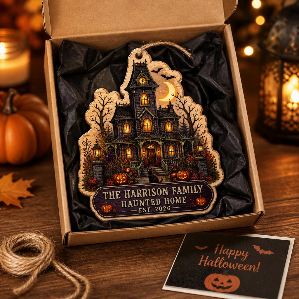 Personalized haunted home Halloween ornament in a kraft gift box with Happy Halloween card