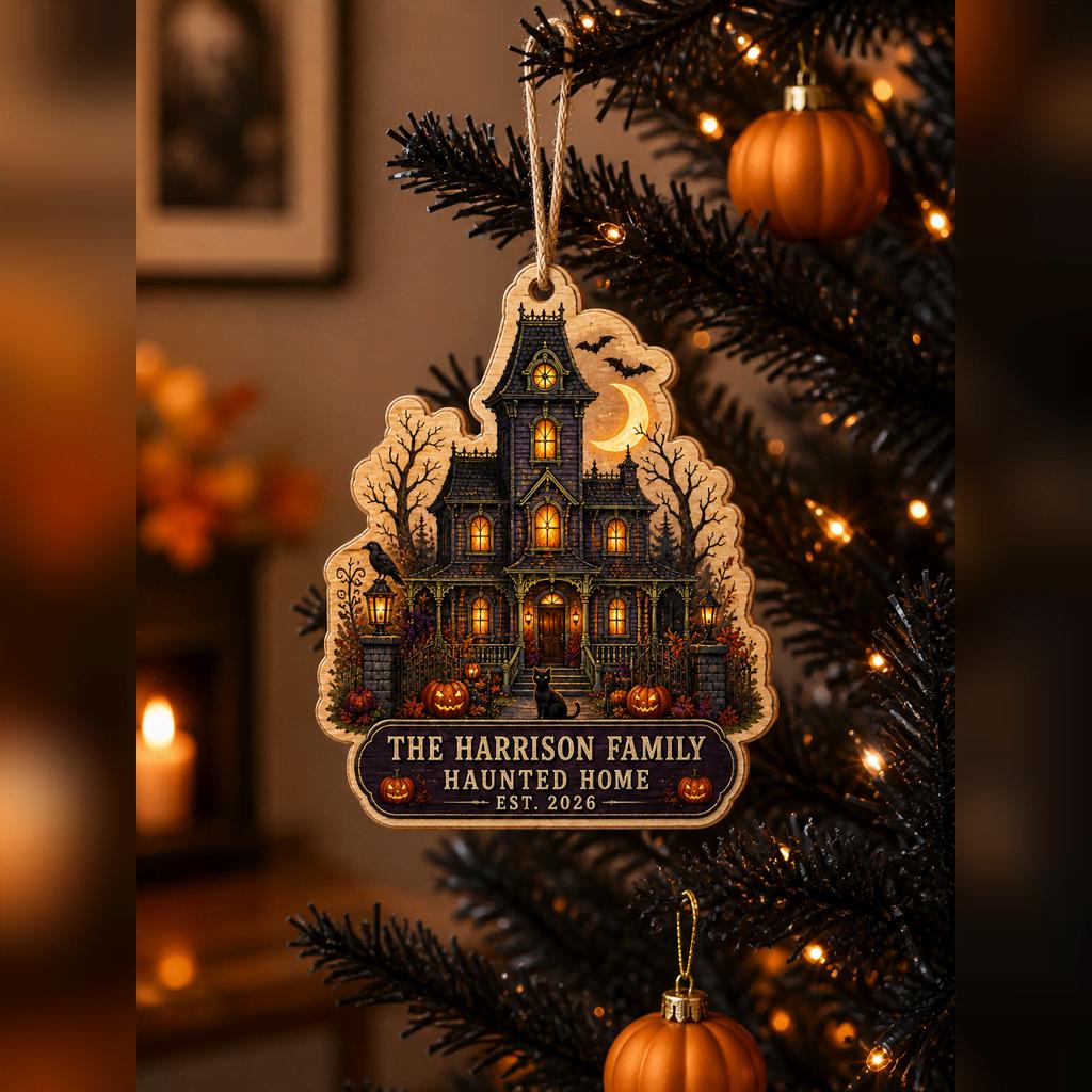Family name haunted home wooden ornament hanging on a black Halloween tree with lights
