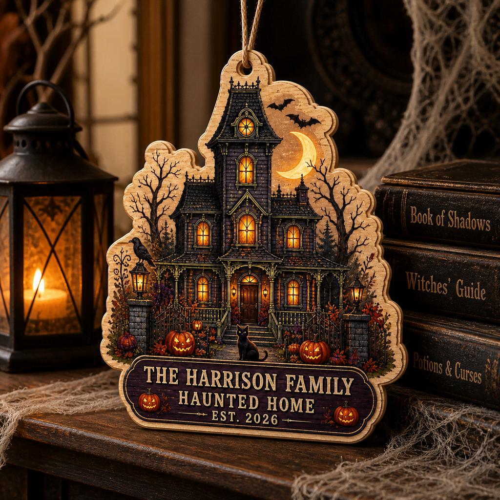 Gothic haunted home family name wooden ornament beside a lantern and spell books