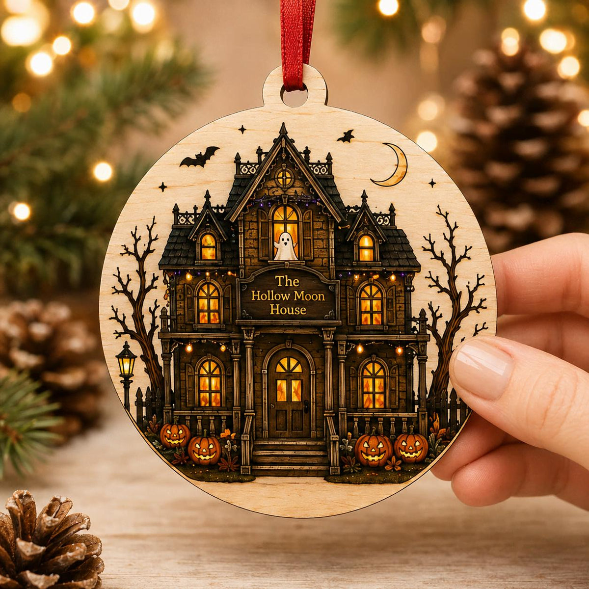 Personalized haunted house round ornament with bats and moon held by two hands