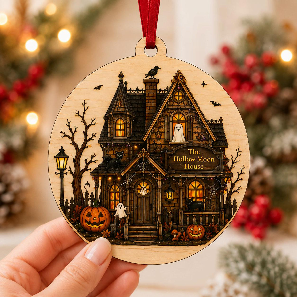 Round haunted house Halloween ornament with ghost and jack-o-lanterns held by pine cones